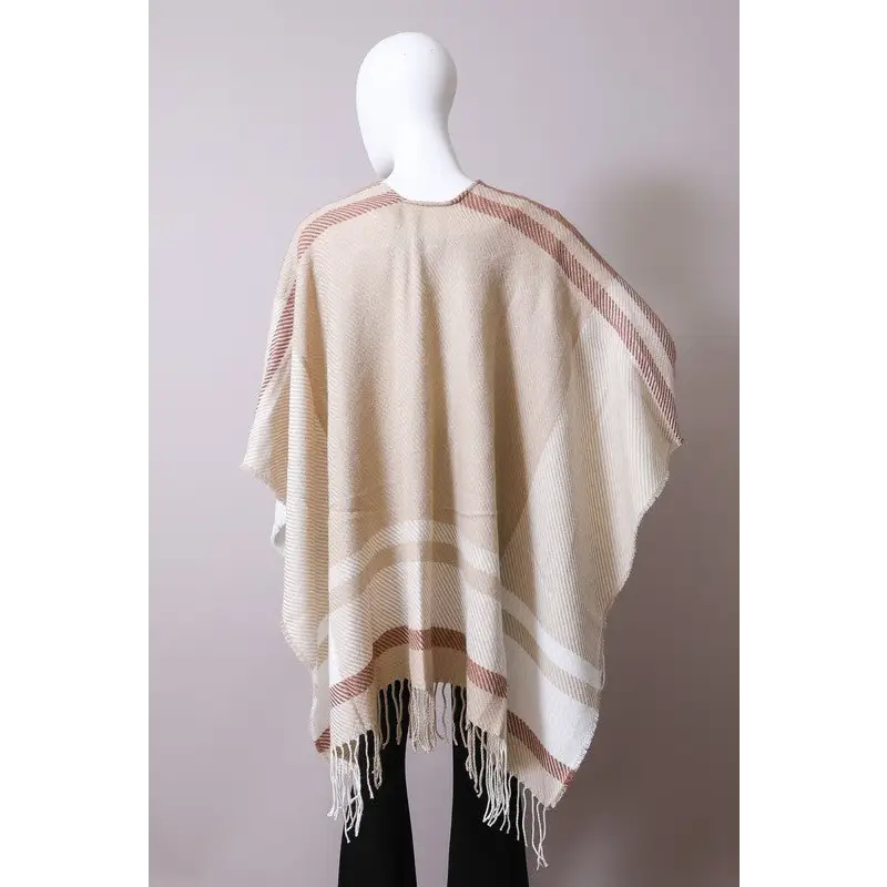 Woven Flannel Tassel Ruana Kimono Cardigan