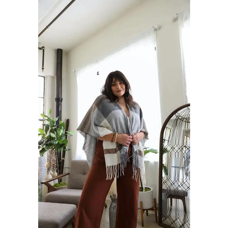 Woven Flannel Tassel Ruana Kimono Cardigan