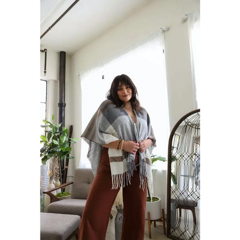 Woven Flannel Tassel Ruana Kimono Cardigan