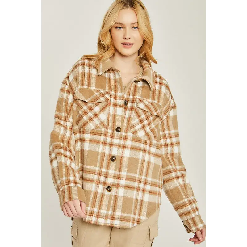 Woven Yarn Dye Long Sleeve Shacket CAMEL Jacket